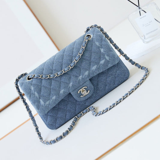 CC 24K Flap Bag 25cm Blue Denim Silver Hardware