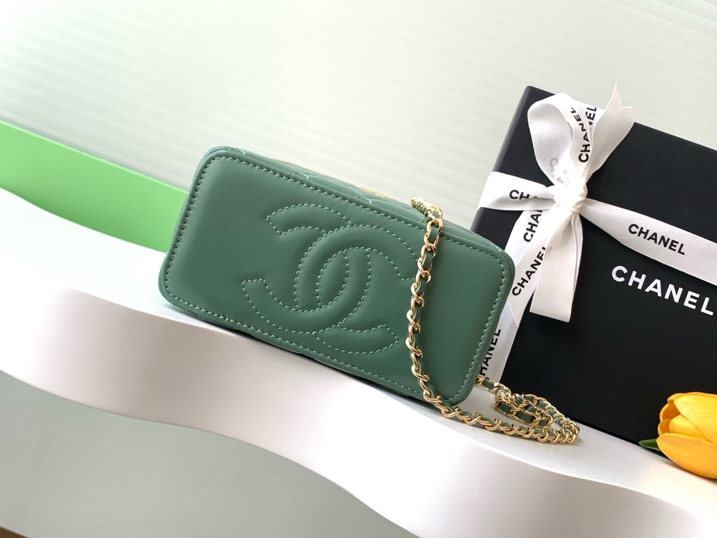 CC Vanity Case 17cm Jungle Green Leather Gold Hardware 238497