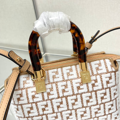 BY THE WAY MINI 18 IN WHITE WOOL AND CAMEL BROWN RAFFIA CALFSKIN TRIM