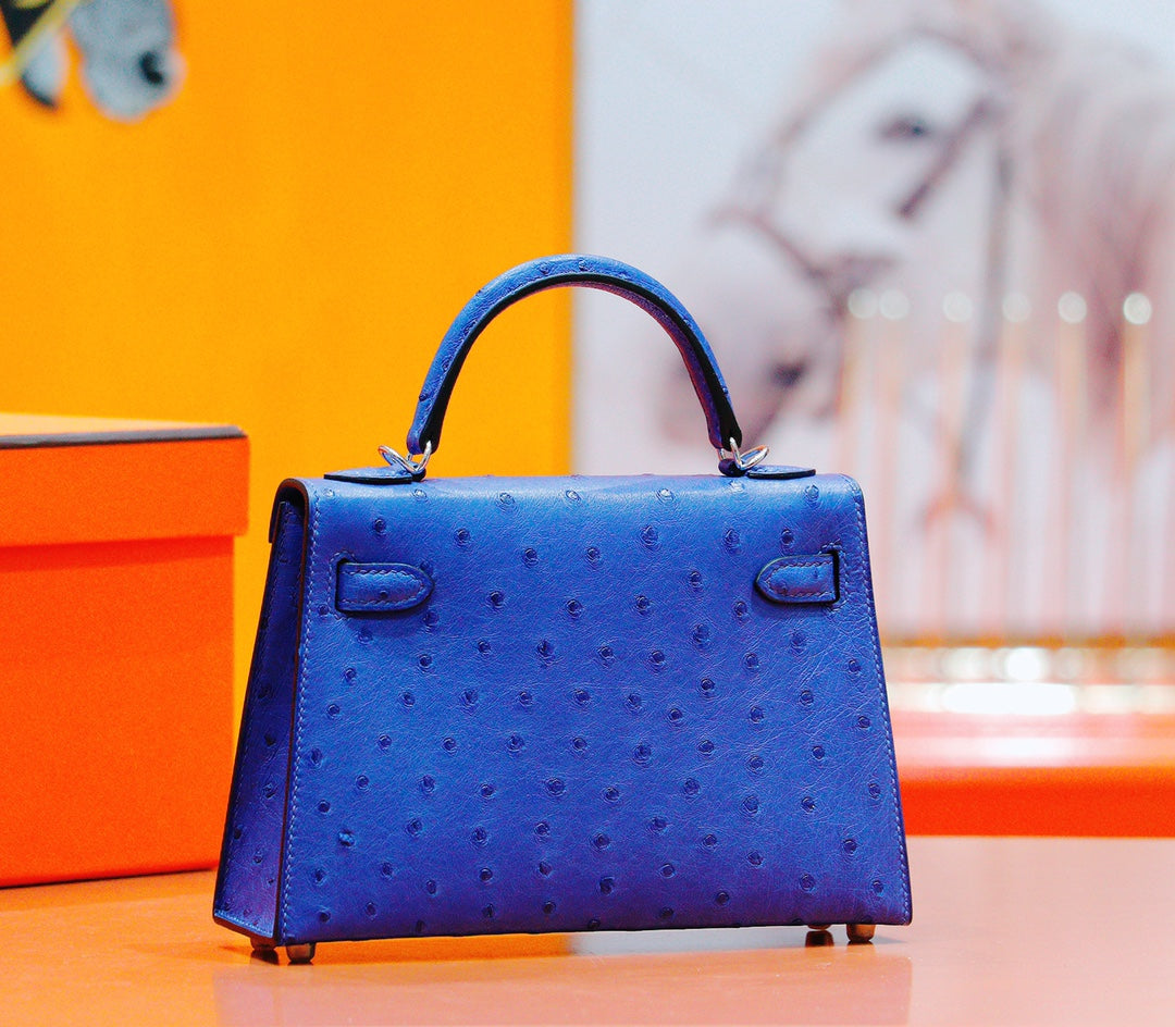 HM Mini Kelly 19cm Greek Blue Ostrich Silver Hardware