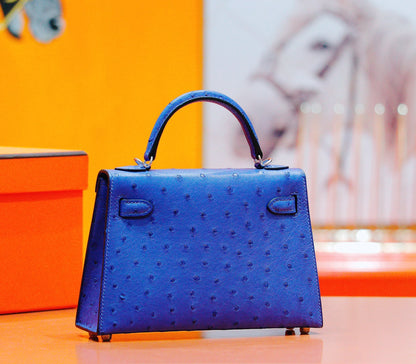 HM Mini Kelly 19cm Greek Blue Ostrich Silver Hardware