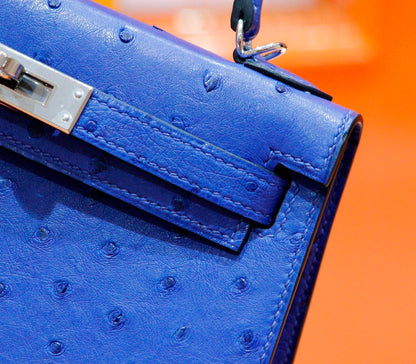 HM Mini Kelly 19cm Greek Blue Ostrich Silver Hardware