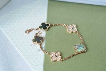 DIANA CLOVER 5 MOTIFS DARK MOP AND DIAMONDS PINK GOLD BRACELET