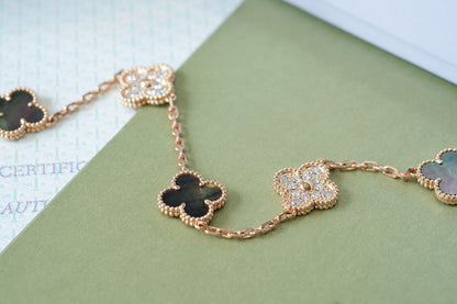 DIANA CLOVER 5 MOTIFS DARK MOP AND DIAMONDS PINK GOLD BRACELET