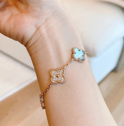 DIANA CLOVER 5 MOTIFS DARK MOP AND DIAMONDS PINK GOLD BRACELET